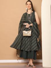 Women Olive Green Woven Design Kantha Work Kurta with Palazzos & With Dupatta - JOKPL_D56O_1554_Olive_S