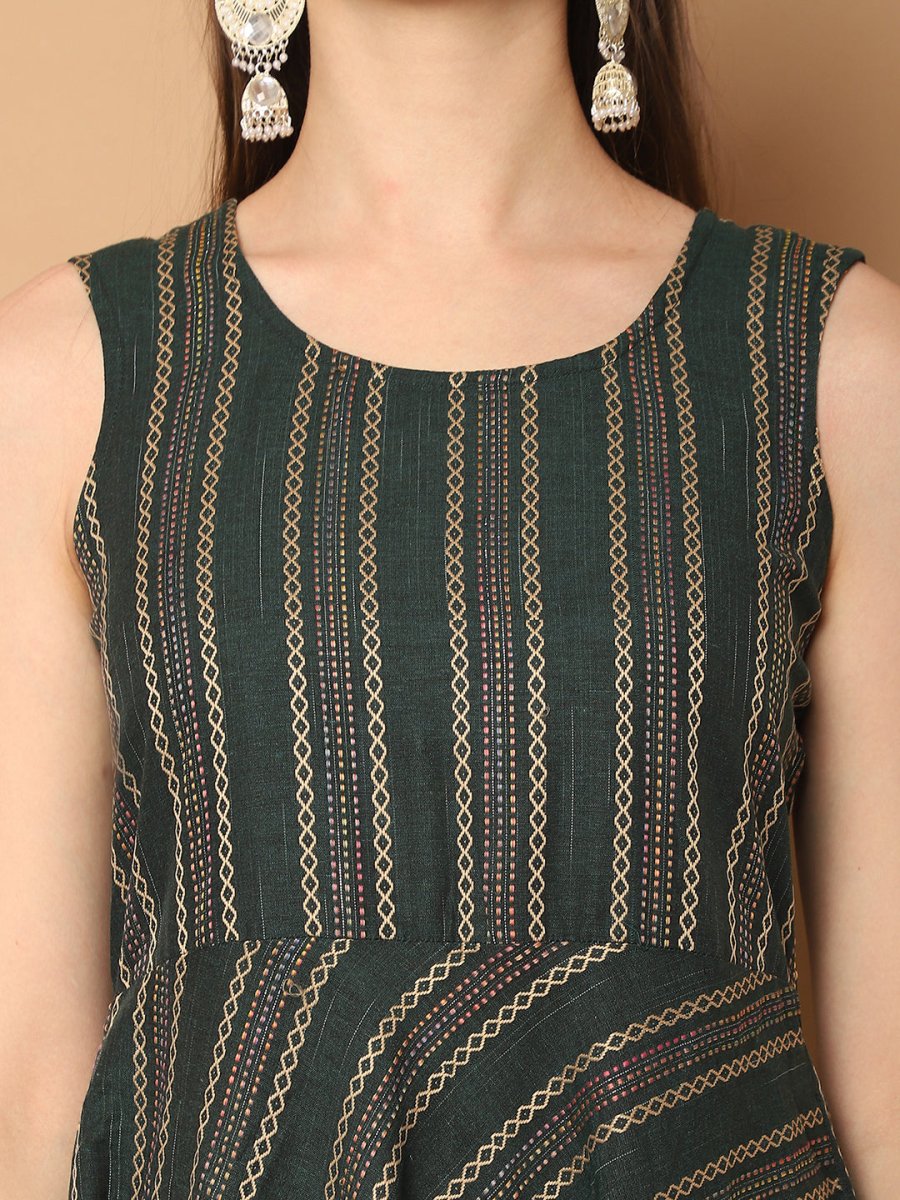 Women Olive Green Woven Design Kantha Work Kurta with Palazzos & With Dupatta - JOKPL_D56O_1554_Olive_S
