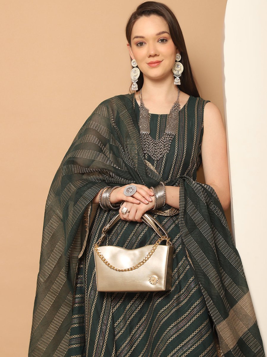 Women Olive Green Woven Design Kantha Work Kurta with Palazzos & With Dupatta - JOKPL_D56O_1554_Olive_S