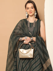 Women Olive Green Woven Design Kantha Work Kurta with Palazzos & With Dupatta - JOKPL_D56O_1554_Olive_S