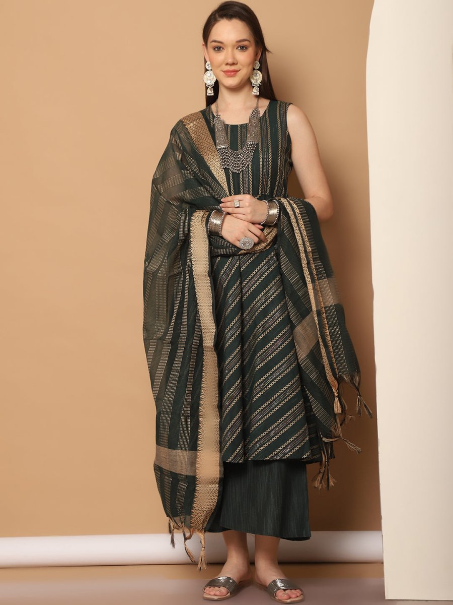 Women Olive Green Woven Design Kantha Work Kurta with Palazzos & With Dupatta - JOKPL_D56O_1554_Olive_S