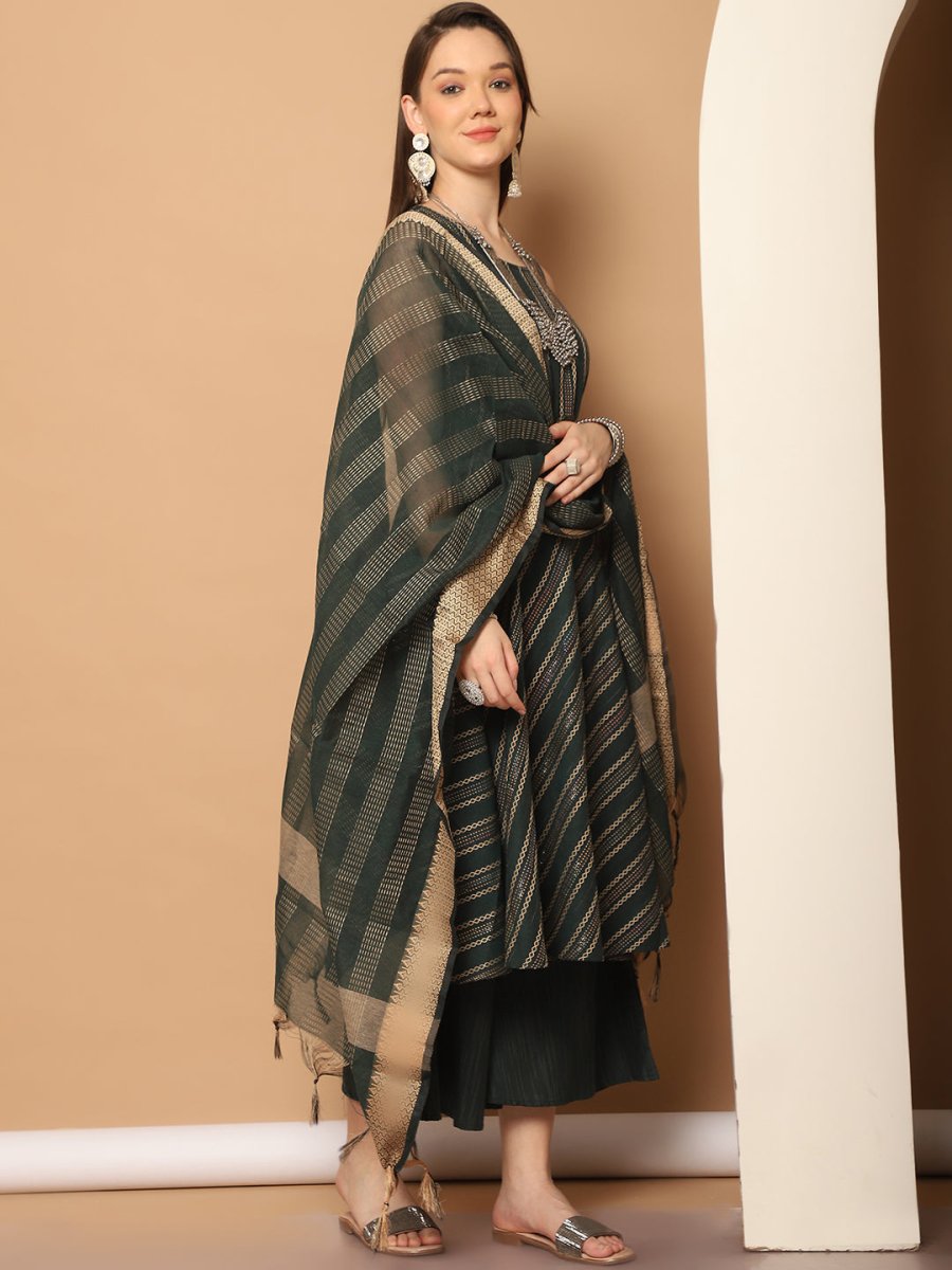 Women Olive Green Woven Design Kantha Work Kurta with Palazzos & With Dupatta - JOKPL_D56O_1554_Olive_S