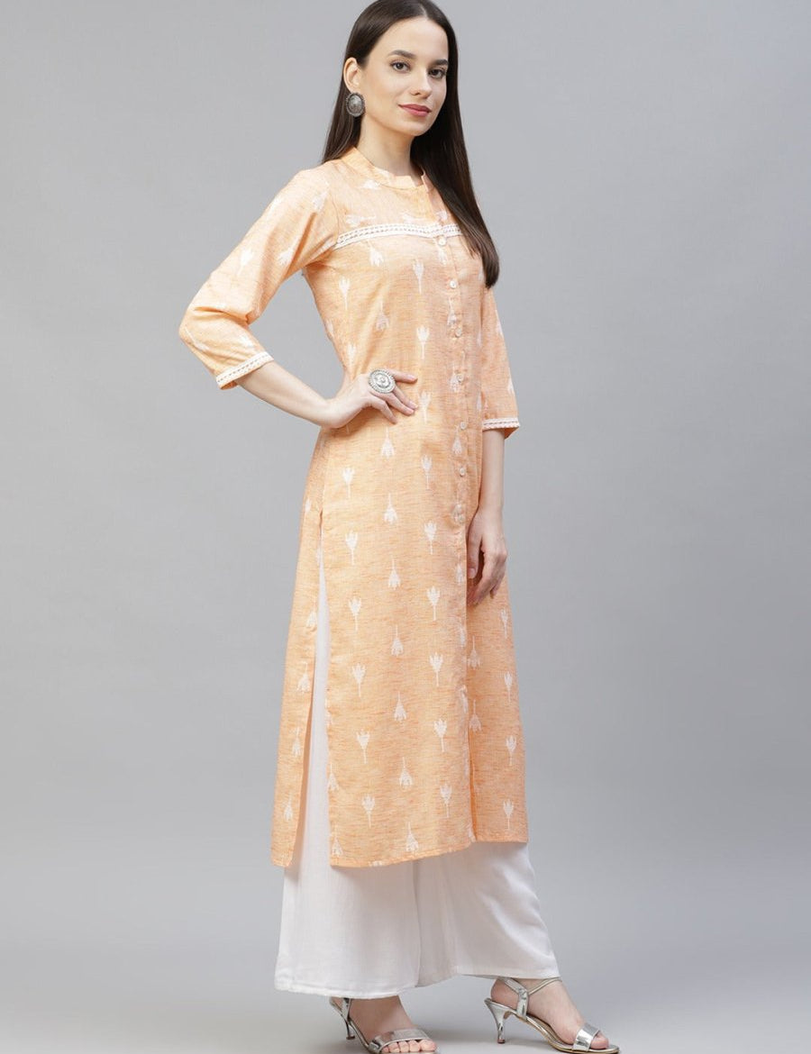 Women Orange Ethnic Motifs Ikat Kurta with lace work - JOK_1404_Orange_S