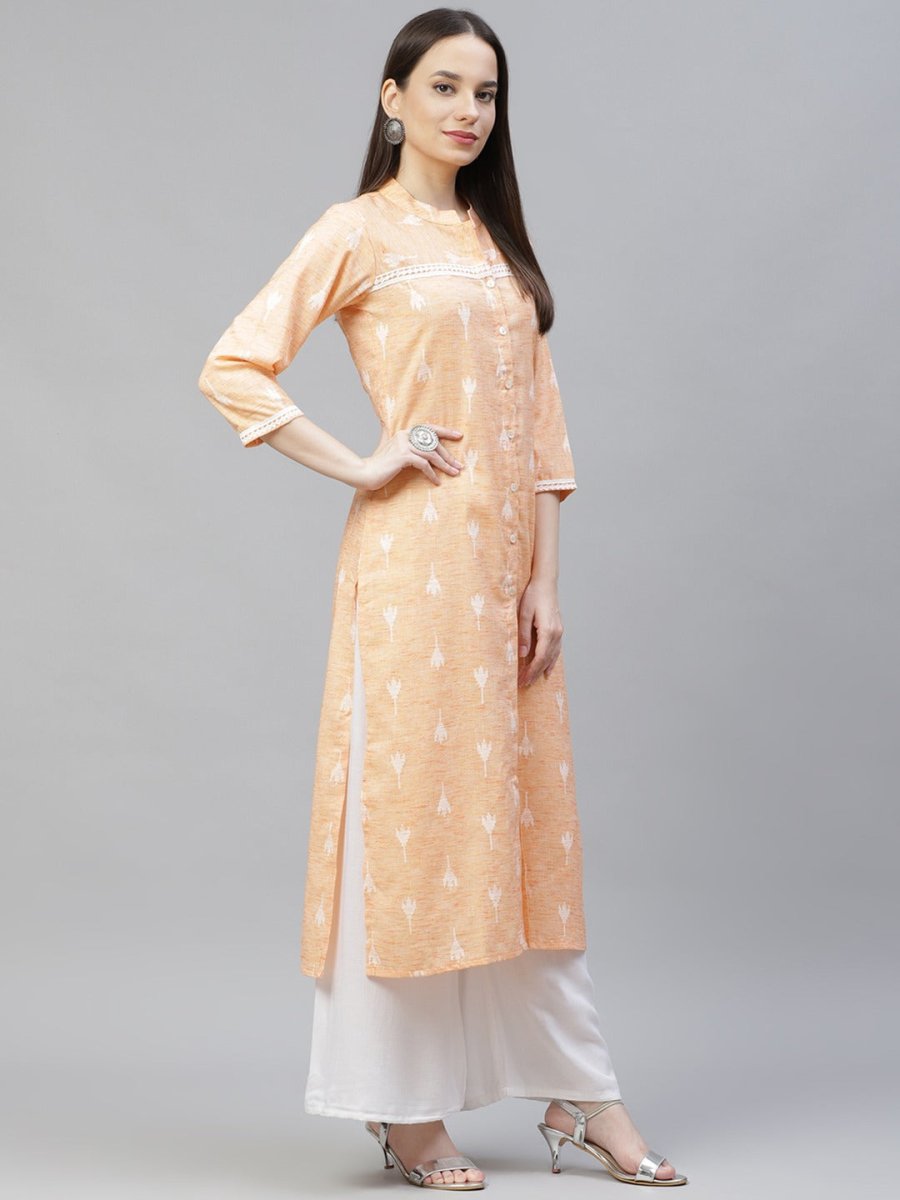Women Orange Ethnic Motifs Ikat Kurta with lace work - JOK_1404_Orange_S