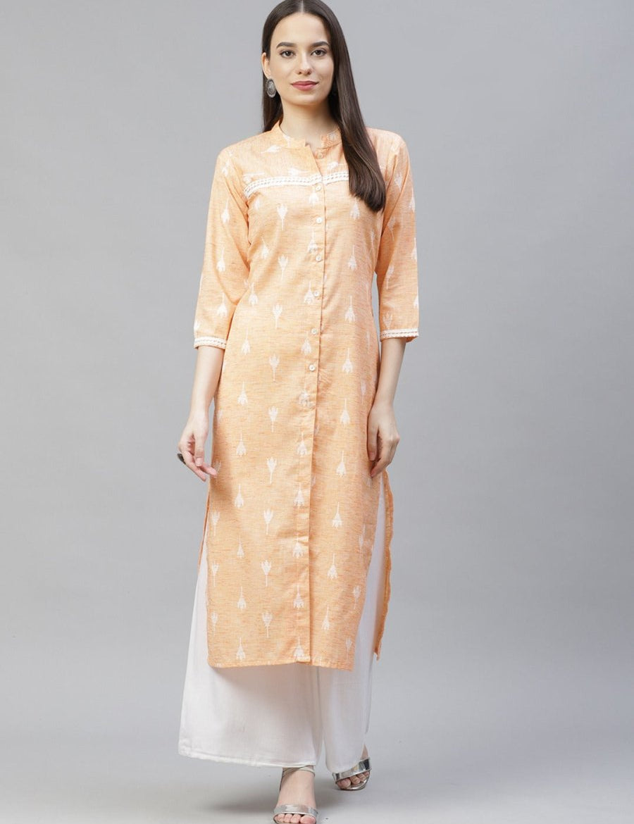 Women Orange Ethnic Motifs Ikat Kurta with lace work - JOK_1404_Orange_S