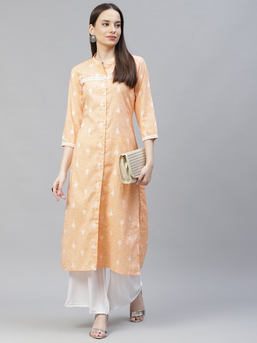 Women Orange Ethnic Motifs Ikat Kurta with lace work - JOK_1404_Orange_S