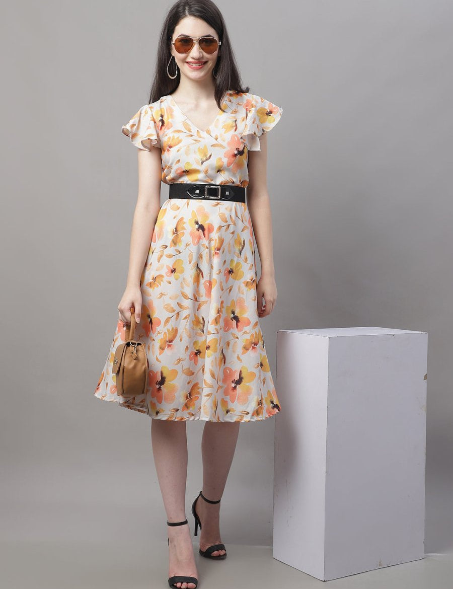 Women Orange Printed A-Line Dresses With Belt - JND_1014Orange_XS