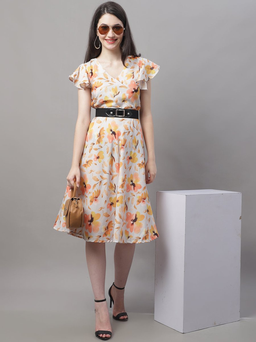 Women Orange Printed A-Line Dresses With Belt - JND_1014Orange_XS