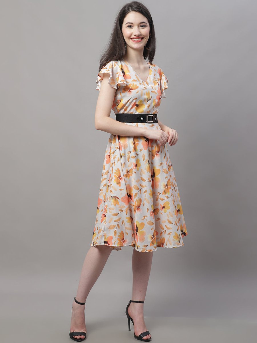 Women Orange Printed A-Line Dresses With Belt - JND_1014Orange_XS