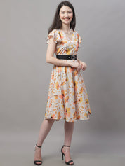 Women Orange Printed A-Line Dresses With Belt - JND_1014Orange_XS