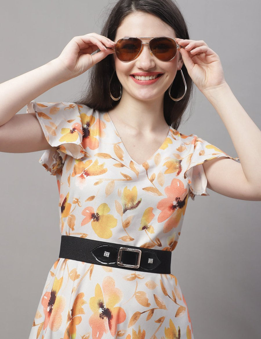 Women Orange Printed A-Line Dresses With Belt - JND_1014Orange_XS