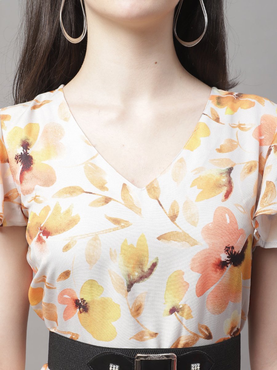 Women Orange Printed A-Line Dresses With Belt - JND_1014Orange_XS