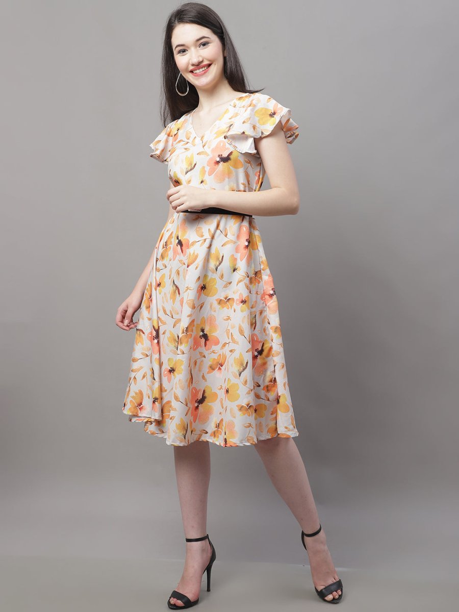 Women Orange Printed A-Line Dresses With Belt - JND_1014Orange_XS