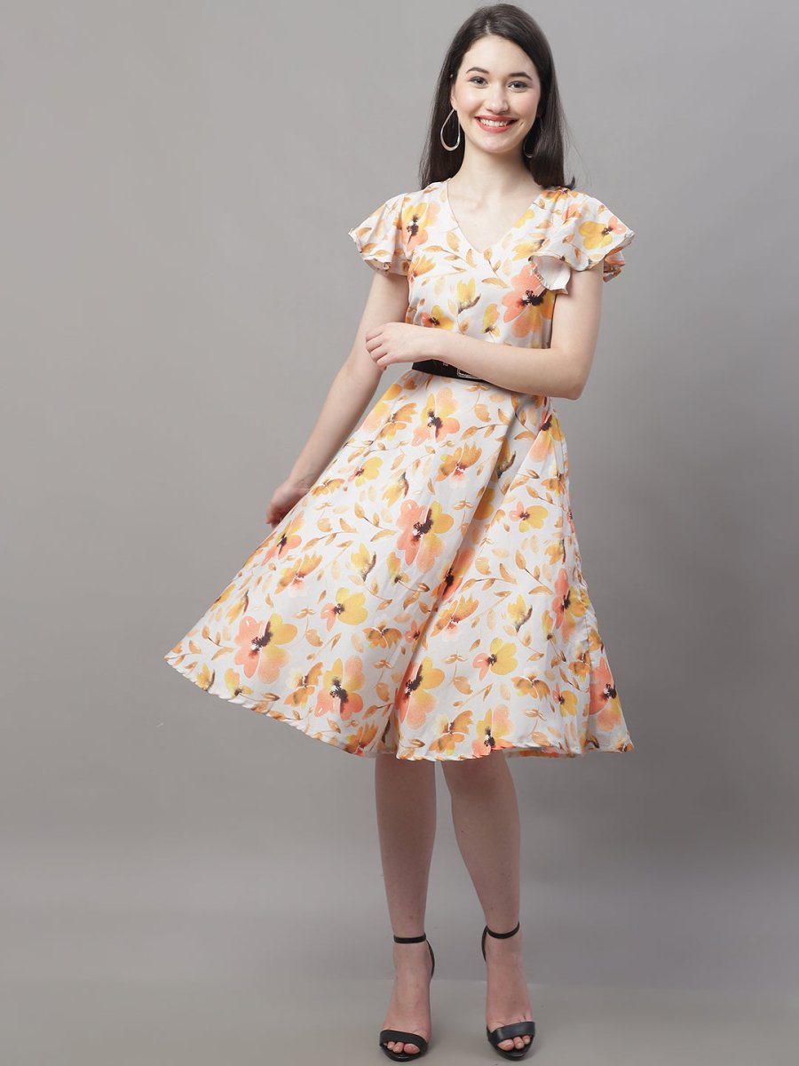 Women Orange Printed A-Line Dresses With Belt - JND_1014Orange_XS