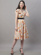 Women Orange Printed A-Line Dresses With Belt - JND_1014Orange_XS