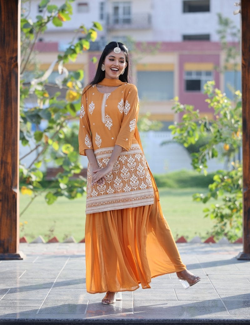 Women Orange & Silver Ethnic Motifs Foil Printed Straight Kurta Sharara Dupatta - JOKPS_D32O_1444_Orange_S