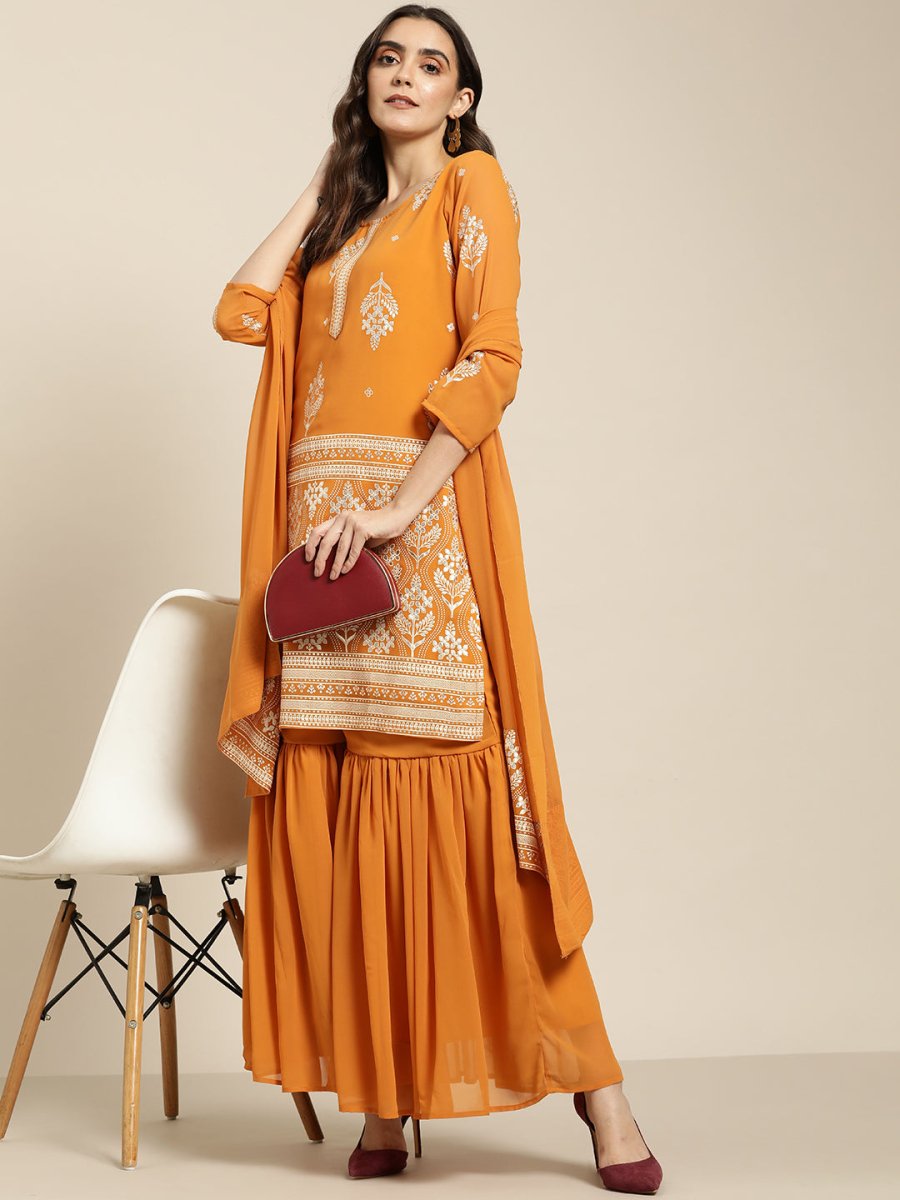 Women Orange & Silver Ethnic Motifs Foil Printed Straight Kurta Sharara Dupatta - JOKPS_D32O_1444_Orange_S