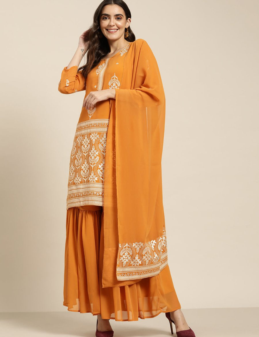 Women Orange & Silver Ethnic Motifs Foil Printed Straight Kurta Sharara Dupatta - JOKPS_D32O_1444_Orange_S