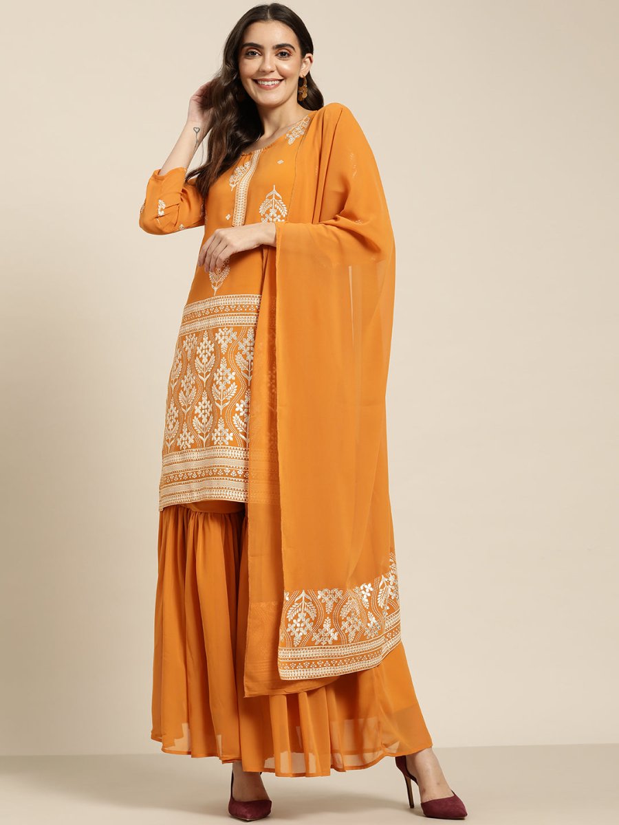 Women Orange & Silver Ethnic Motifs Foil Printed Straight Kurta Sharara Dupatta - JOKPS_D32O_1444_Orange_S