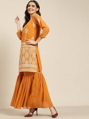 Women Orange & Silver Ethnic Motifs Foil Printed Straight Kurta Sharara Dupatta - JOKPS_D32O_1444_Orange_S