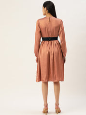 Women Peach-Coloured Satin Dress with Belt - JND_1004Brown_XS