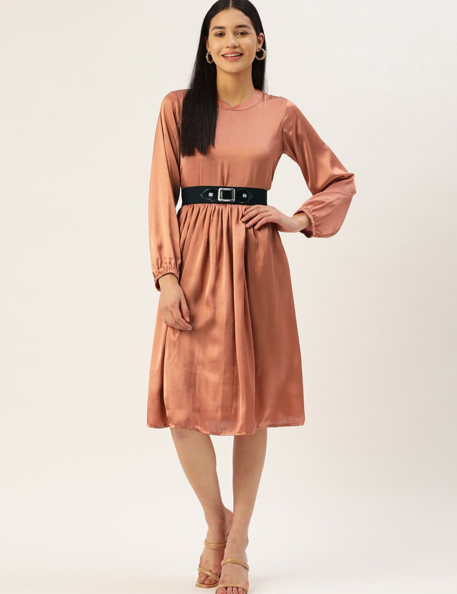 Women Peach-Coloured Satin Dress with Belt - JND_1004Brown_XS