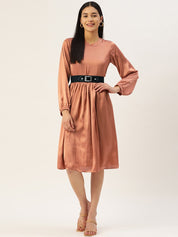 Women Peach-Coloured Satin Dress with Belt - JND_1004Brown_XS