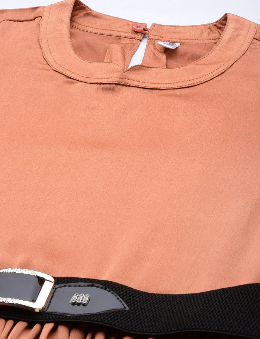 Women Peach-Coloured Satin Dress with Belt - JND_1004Brown_XS
