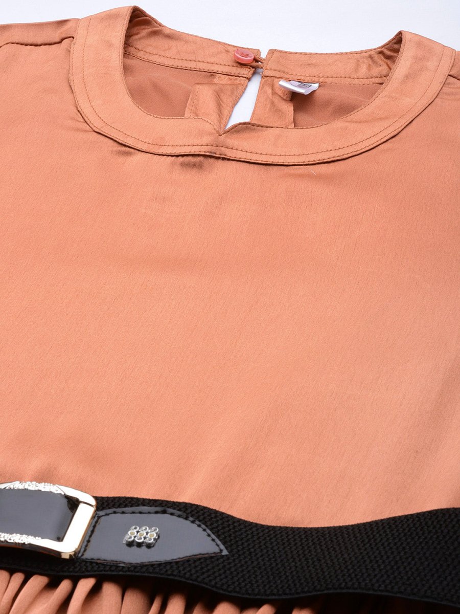 Women Peach-Coloured Satin Dress with Belt - JND_1004Brown_XS