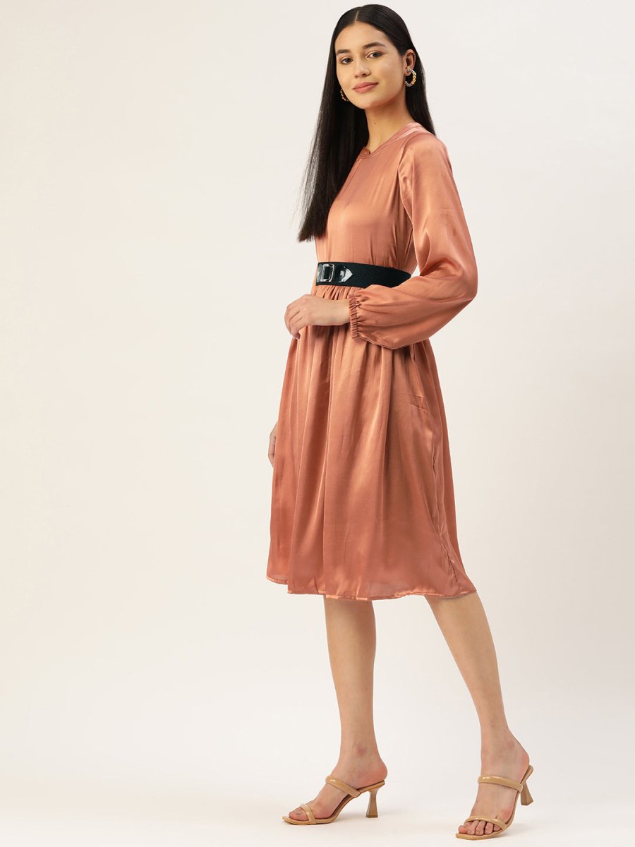 Women Peach-Coloured Satin Dress with Belt - JND_1004Brown_XS