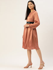 Women Peach-Coloured Satin Dress with Belt - JND_1004Brown_XS