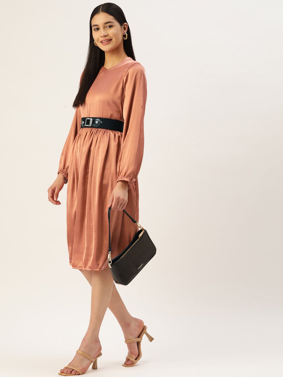 Women Peach-Coloured Satin Dress with Belt - JND_1004Brown_XS