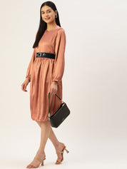 Women Peach-Coloured Satin Dress with Belt - JND_1004Brown_XS