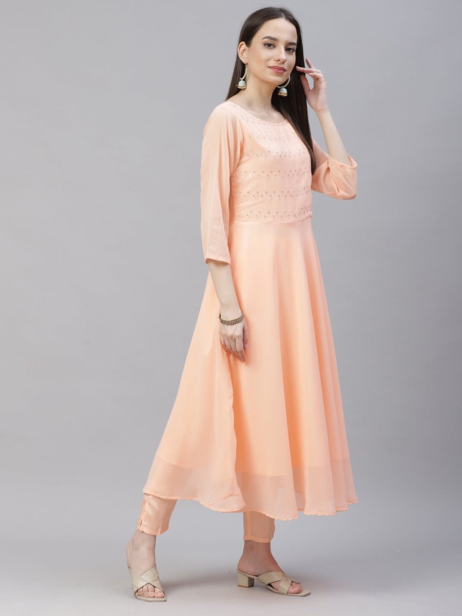 Women Peach Embroidered Regular Sequinned Kurta with Trousers & Dupatta - JOKS_D19Yellow_1383_Peach_S