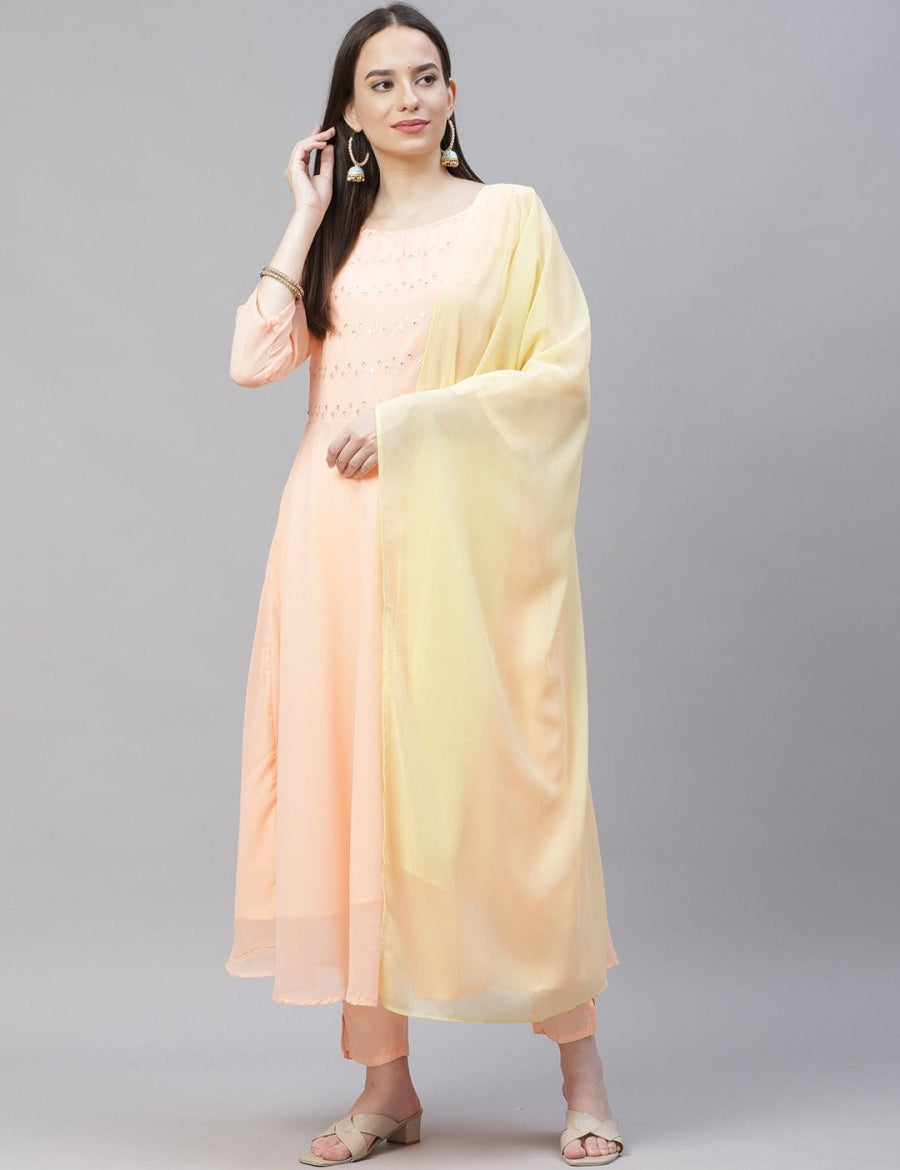 Women Peach Embroidered Regular Sequinned Kurta with Trousers & Dupatta - JOKS_D19Yellow_1383_Peach_S