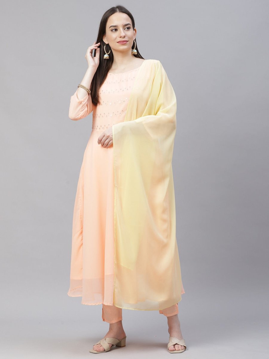 Women Peach Embroidered Regular Sequinned Kurta with Trousers & Dupatta - JOKS_D19Yellow_1383_Peach_S