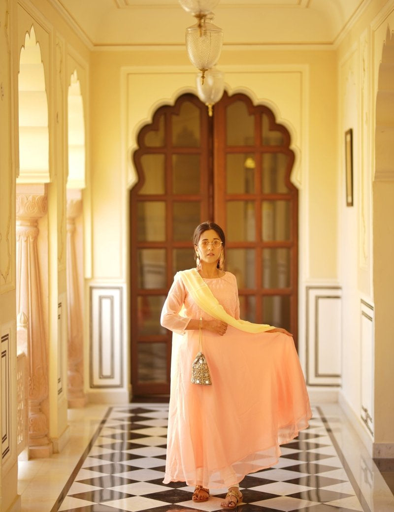Women Peach Embroidered Regular Sequinned Kurta with Trousers & Dupatta - JOKS_D19Yellow_1383_Peach_S