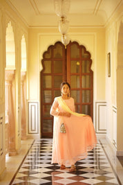 Women Peach Embroidered Regular Sequinned Kurta with Trousers & Dupatta - JOKS_D19Yellow_1383_Peach_S
