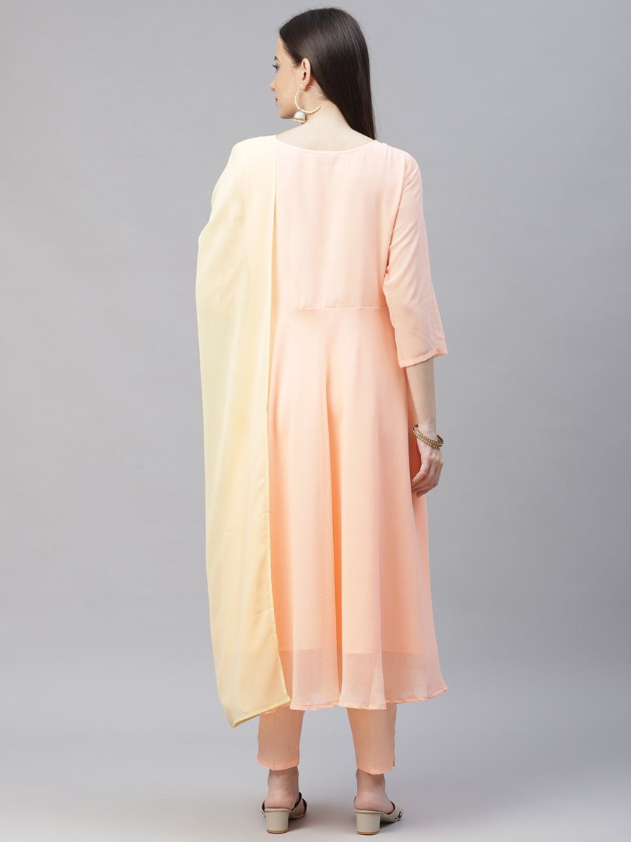 Women Peach Embroidered Regular Sequinned Kurta with Trousers & Dupatta - JOKS_D19Yellow_1383_Peach_S