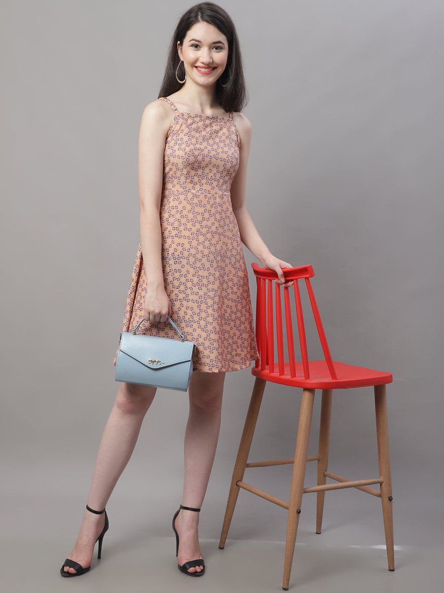 Women Peach Floral Printed A-Line Dresses - JND_1019Peach_XS