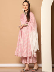 Women Pink Woven Design Flared Kurta with Palazzos & With Dupatta - JOKPL_D59P_1553_Pink_S