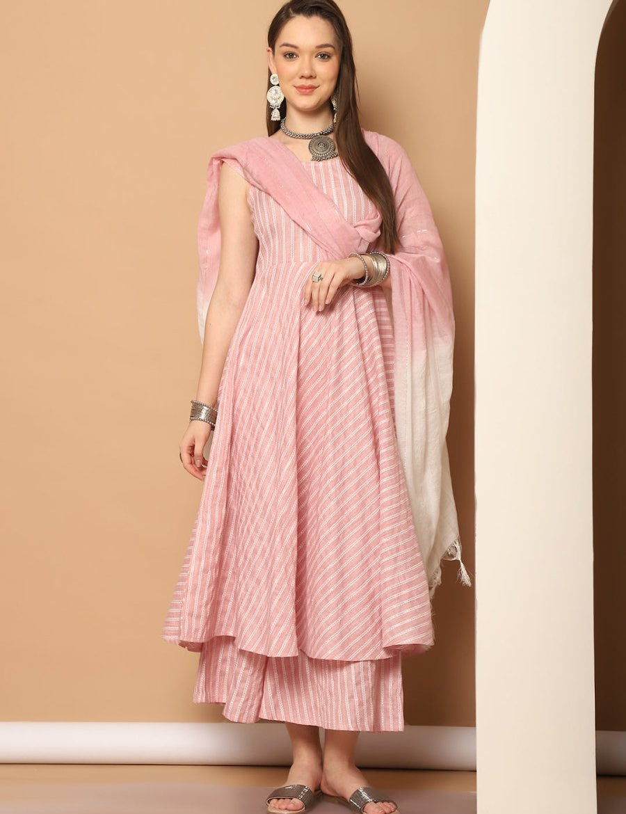 Women Pink Woven Design Flared Kurta with Palazzos & With Dupatta - JOKPL_D59P_1553_Pink_S