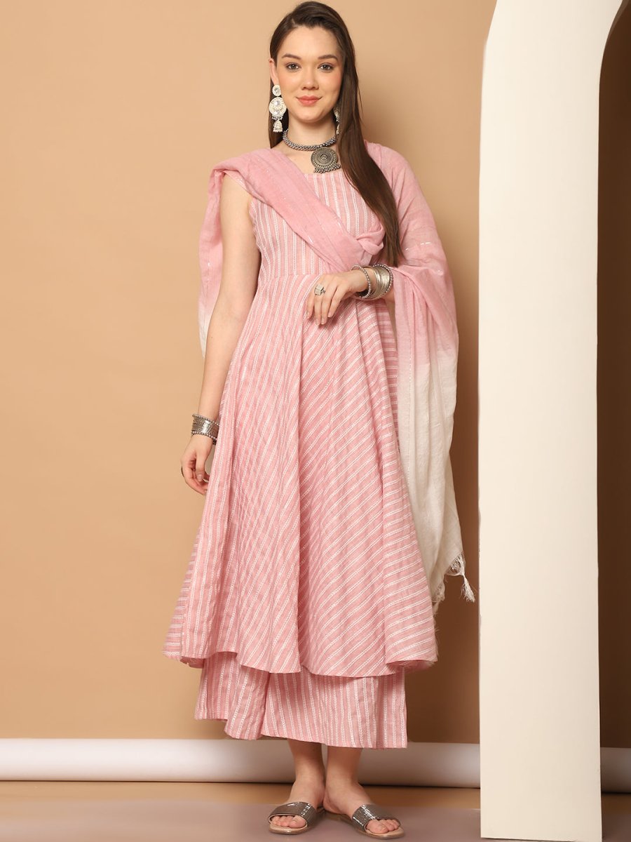Women Pink Woven Design Flared Kurta with Palazzos & With Dupatta - JOKPL_D59P_1553_Pink_S