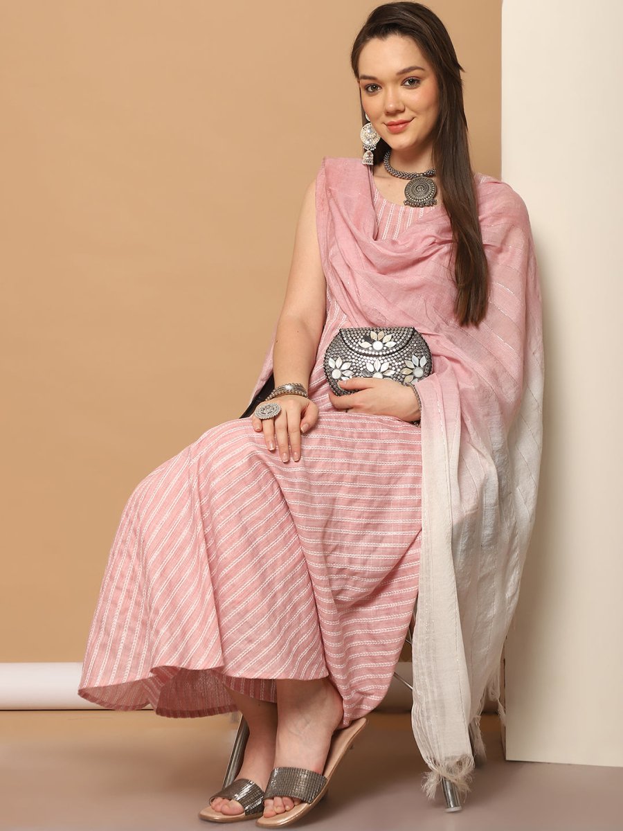Women Pink Woven Design Flared Kurta with Palazzos & With Dupatta - JOKPL_D59P_1553_Pink_S