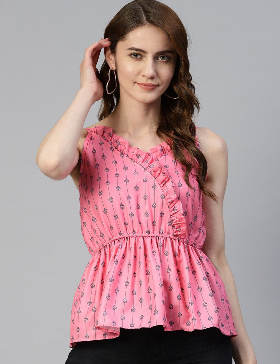 Women Printed crop top with frills - JNT_2008Peach_XS