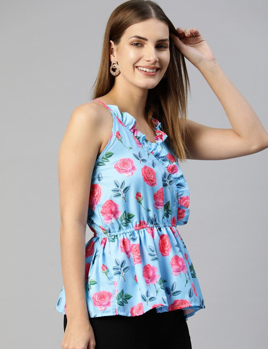 Women Printed crop top with frills - JNT_2008Sky_XS