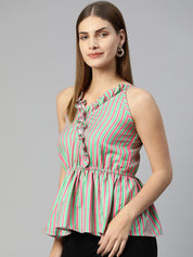 Women Printed crop top with frills - JNT_2008Green-Peach_XS
