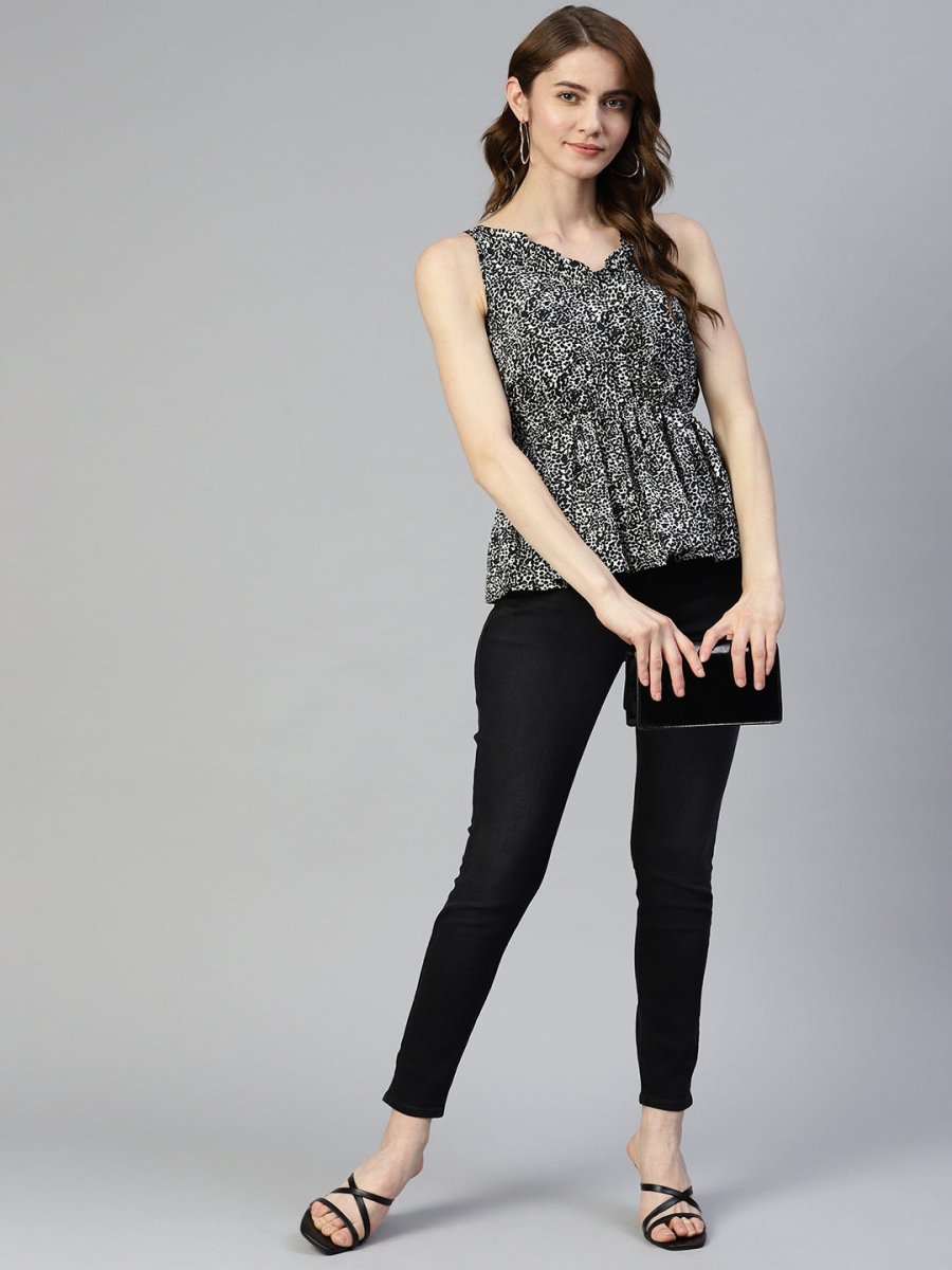 Women Printed crop top with frills - JNT_2008Black_XS