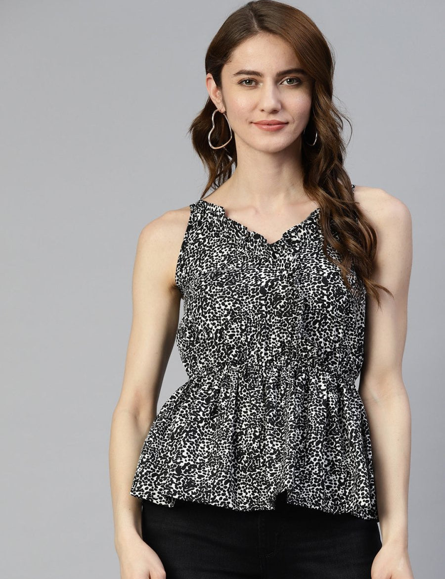 Women Printed crop top with frills - JNT_2008Black_XS