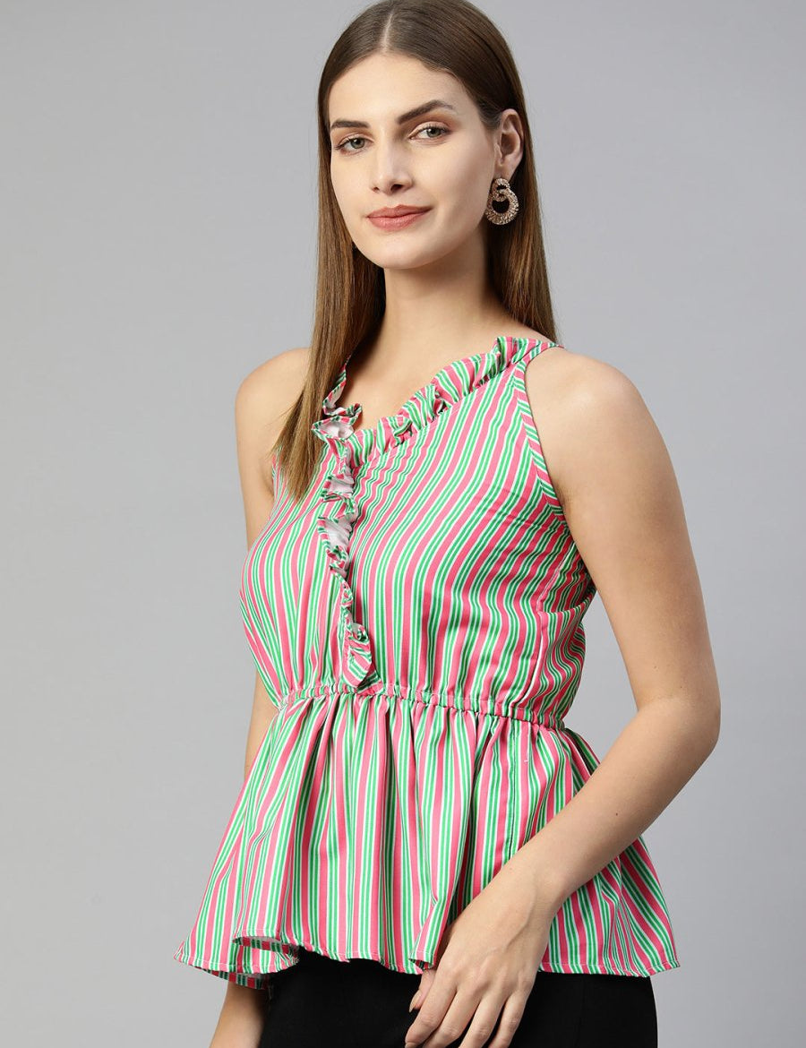 Women Printed crop top with frills - JNT_2008Green-Peach_XS